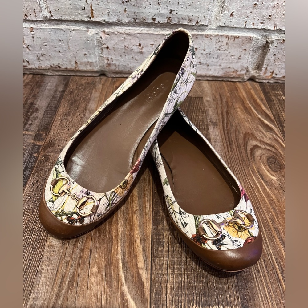 Gucci Floral Canvas & Leather Horsebit Ballet Flats